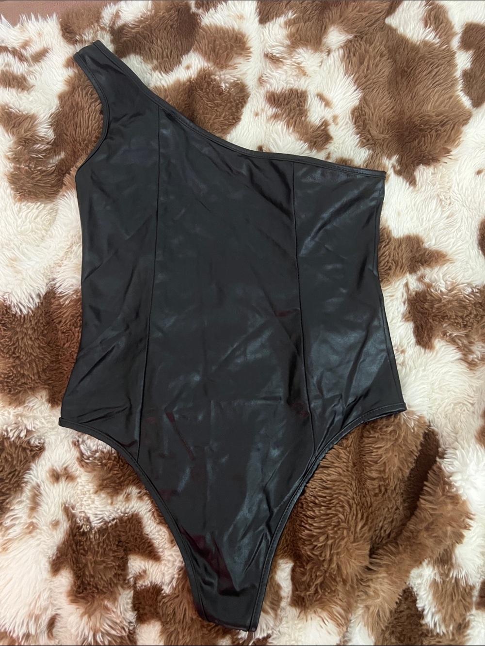 One-Shoulder Black Faux Leather Bodysuit